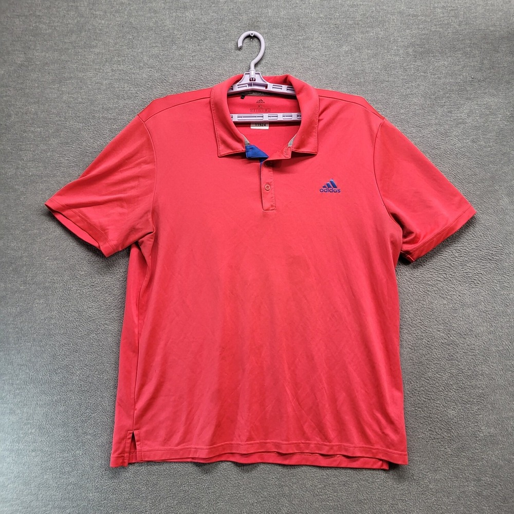 Adidas Men Polo Shirt XL Red Logo Collar Short Sleeve Blue Detail